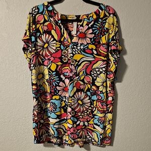 Black Floral Short Sleeve Tee with Yellow, Pink & Blue Accents